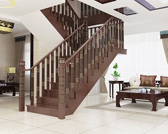 Chinese solid wood stair railing 3d model