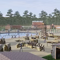 Military Training Base Scene With Soldiers Marching Watchtowers And Facilities