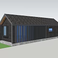 Wooden House With Black Roof Large Windows Blue Curtains Green Lawn And Covered Deck