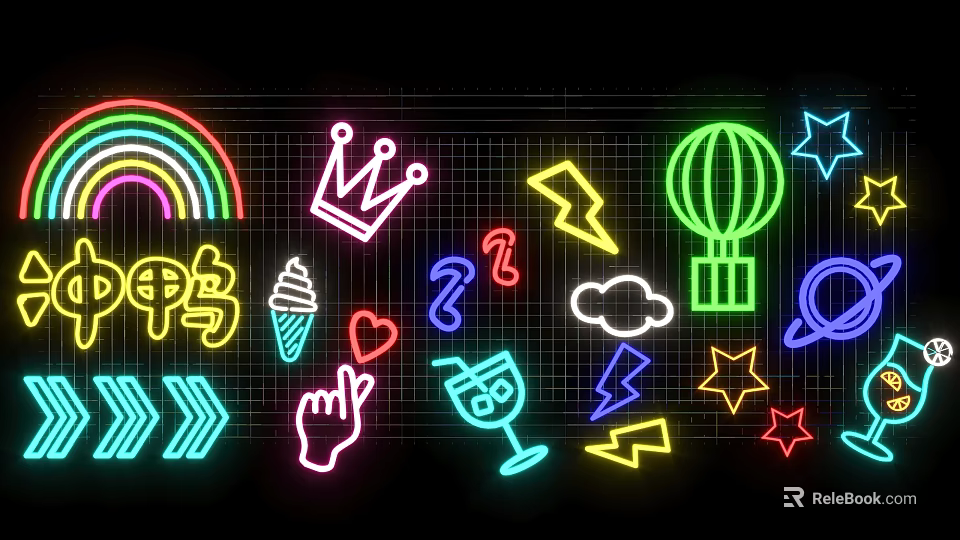 Colorful Neon Decorative Lights with Rainbow Crown Hot Air Balloon Ice Cream Cloud and Stars 3d model 