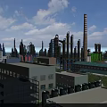 Industrial Plant With Tall Chimneys Industrial Pipes Various Buildings Green Roof And Gray Structures