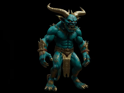 Game Movie Character With Blue Skin Muscular Build Golden Decorations And Horns 3d model