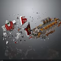 Cosmic Spacecraft Breaking Apart With Scattered Red White And Orange Debris
