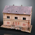 Old Two Story Building With Dilapidated Exterior Dark Roof And Peeling Walls