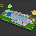 Outdoor Swimming Pool Area With Green Lawn Palm Trees Striped Umbrellas And Sun Loungers