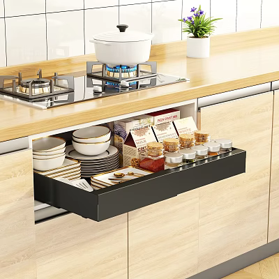 Pull Out Kitchen Drawer Storage Shelf Organizing Dishes Spice Jars And Utensils 3d model