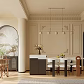 Elegant French Style Living Dining Room With Marble Fireplace Built In Shelves And Vintage Chandelier