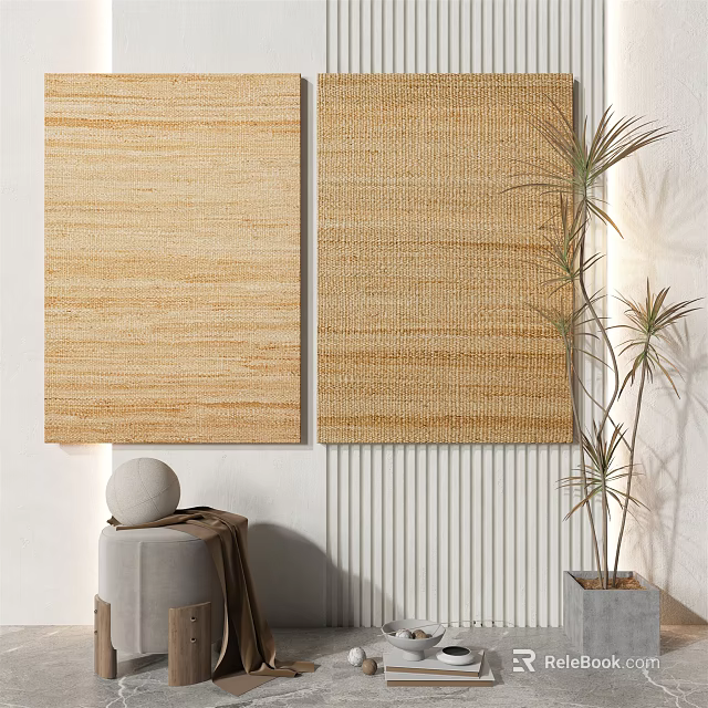 Woven Wall Hangings With Green Plant Round Stool And White Sphere Decor 3d model 
