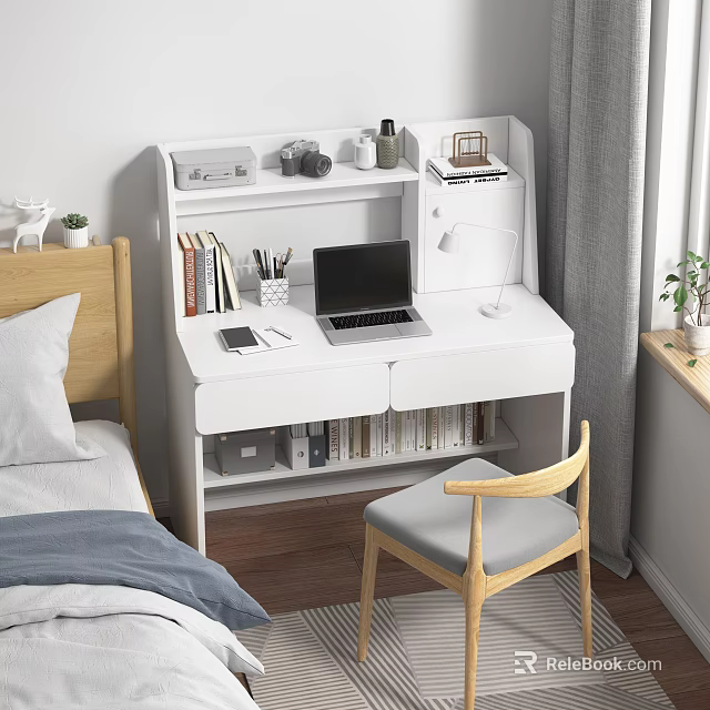 White Modern Desk With Laptop Lamp Books Stationery And Camera In Bedroom 3d model 