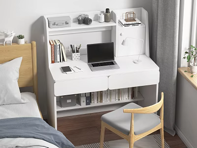 White Modern Desk With Laptop Lamp Books Stationery And Camera In Bedroom 3d model