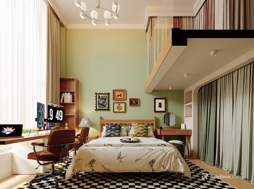 Modern Fresh Green Loft Living Dining Room With Cozy Wooden Furniture And Exquisite Wall Decorations 3d model 