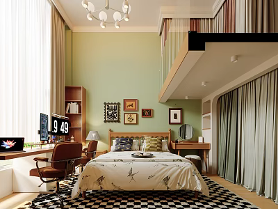 Modern Fresh Green Loft Living Dining Room With Cozy Wooden Furniture And Exquisite Wall Decorations 3d model