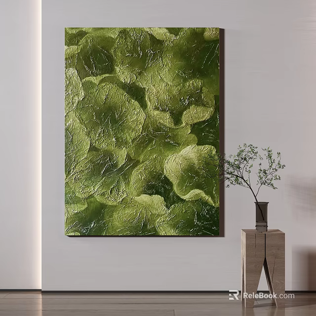 Green Leaf Textured Painting Hanging On Wall With Small Table And Plant 3d model 