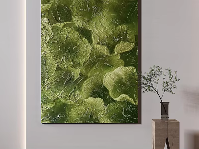 Green Leaf Textured Painting Hanging On Wall With Small Table And Plant 3d model