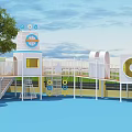 Kindergarten Outdoor Playground With Colorful Play Structures Trees Blue Floor And Safe Kids Activity Area