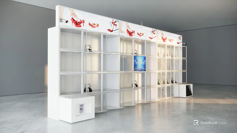 Modern White Display Shelves With Multiple Layers For Shoe Showcase And Digital Screen 3d model