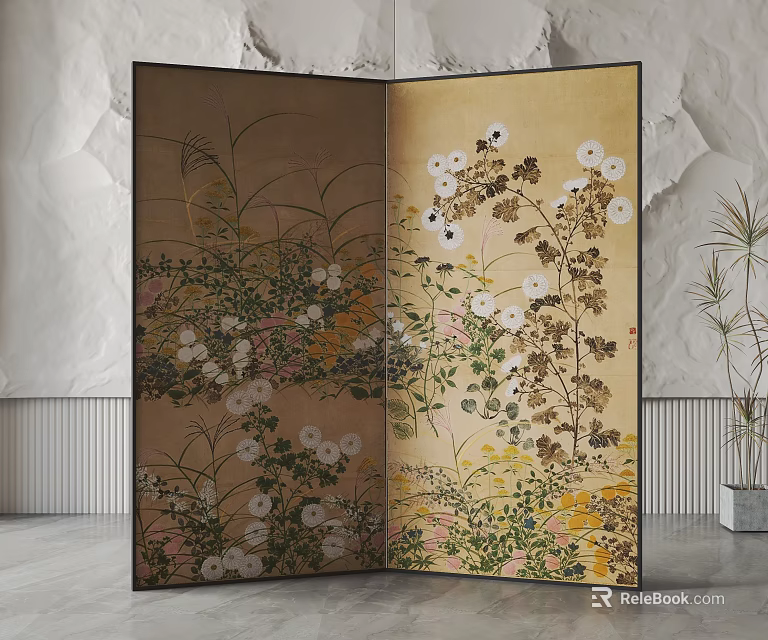 Traditional Floral Folding Screen With Double Sided Flower Patterns In Modern Interior Decor 3d model