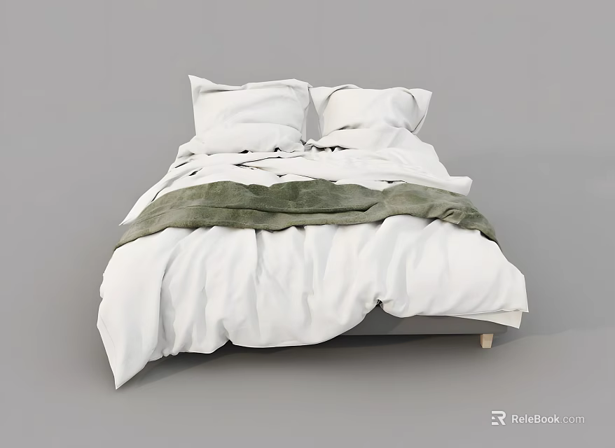 Modern Double Bed With White Bed Sheets Pillows And Green Throw Blanket 3d model 