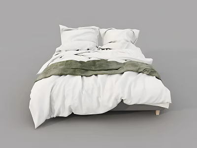 Modern Double Bed With White Bed Sheets Pillows And Green Throw Blanket 3d model