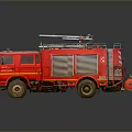 Red Emergency Fire Truck With Ladder And Rescue Equipment On Gray Background