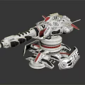 Futuristic Mechanical Weapon with White Red Black Color Scheme Rotating Base and Cannon Barrel Design