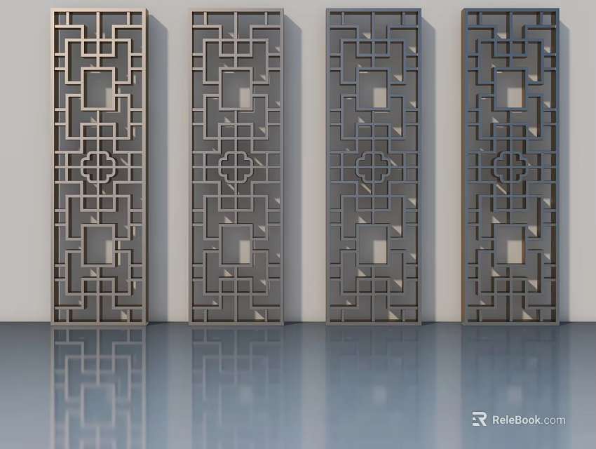 Gray Decorative Screen Panels With Geometric Patterns On Shiny Reflective Floor 3d model