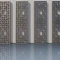 Gray Decorative Screen Panels With Geometric Patterns On Shiny Reflective Floor 3d model