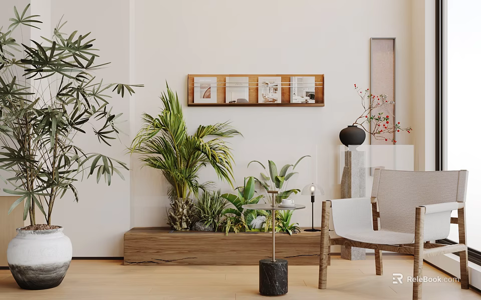 Modern Living Room Interior With Green Plants Wall Art Wooden Shelf And Chair 3d model 