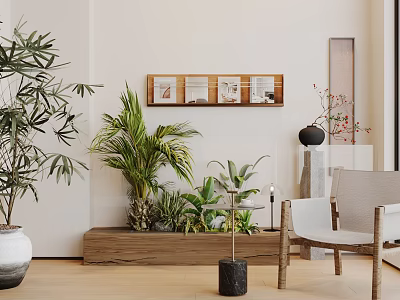 Modern Living Room Interior With Green Plants Wall Art Wooden Shelf And Chair 3d model