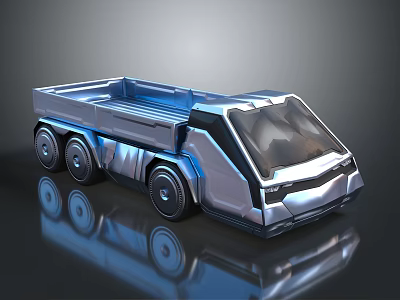 Futuristic Truck With Metallic Finish Six Wheels Sleek Exterior And Open Cargo Bed 3d model