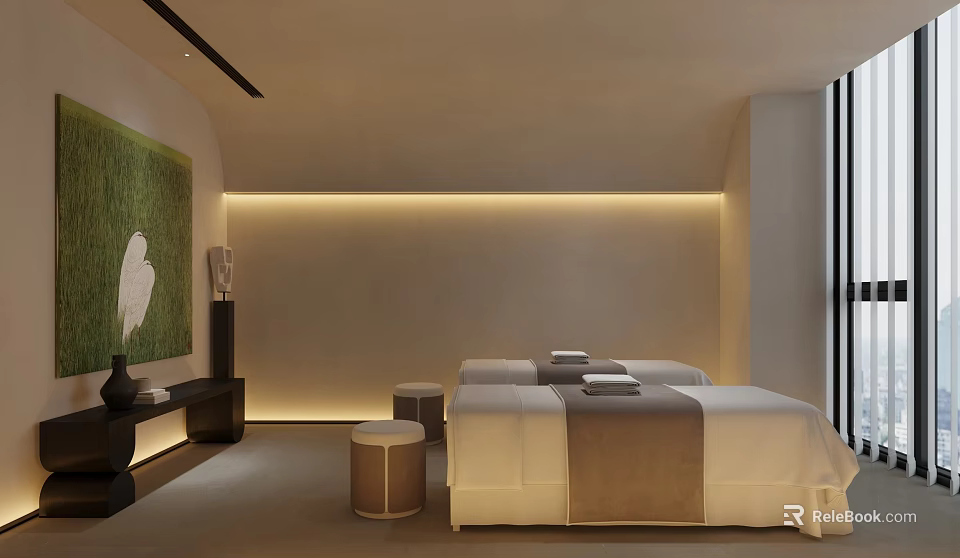 Modern Minimalist Spa Room With Two Beds White Sheets Brown Towels Green Artwork Soft Lighting 3d model 