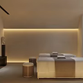 Modern Minimalist Spa Room With Two Beds White Sheets Brown Towels Green Artwork Soft Lighting