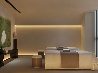 Modern Minimalist Spa Room With Two Beds White Sheets Brown Towels Green Artwork Soft Lighting 3d model