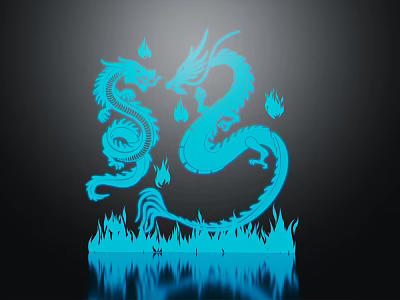 Two Mythical Blue Dragons with Flames and Reflection on Black Background 3d model