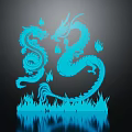 Two Mythical Blue Dragons with Flames and Reflection on Black Background 3d model