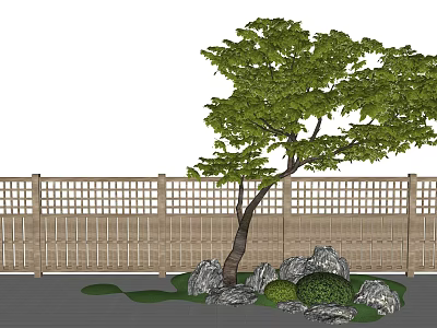 Natural Landscape Sculpture With Green Tree Stones And Wooden Lattice Fence 3d model