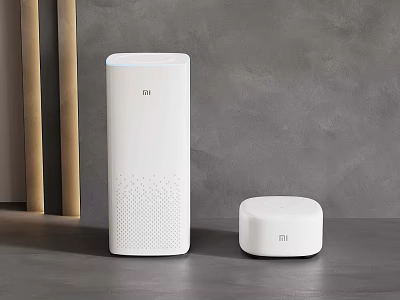 White MI Smart Home Devices With Router And Speaker On Table 3d model
