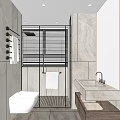 Modern Bathroom Interior Design With Glass Shower Enclosure Window Blinds Wooden Floor And Vanity Sink