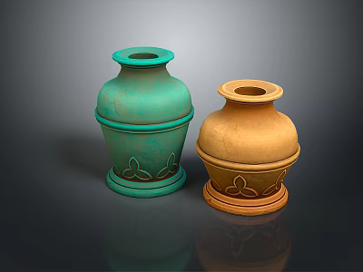 Decorative Ceramic Vases In Green And Brown With Floral Patterns 3d model