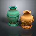 Decorative Ceramic Vases In Green And Brown With Floral Patterns 3d model