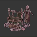 Antique Wooden Cart With Wheels Standing Ancient Clothed Figure And Lying Model On Ground