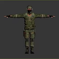 Game Movie Character In Camouflage Uniform With Tactical Vest Helmet Knee Pads And Arms Outstretched