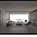 Modern Living Dining Room With Beige Sofa Black Armchair Glass Coffee Table TV Wall Fireplace