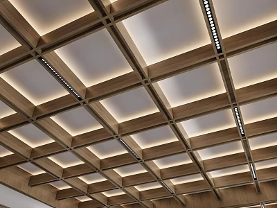Modern Ceiling Design With Wooden Grid Panels And Recessed LED Strip Lights 3d model