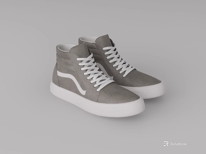 Gray High Top Shoes With White Laces Soles And Stripe Design 3d model 