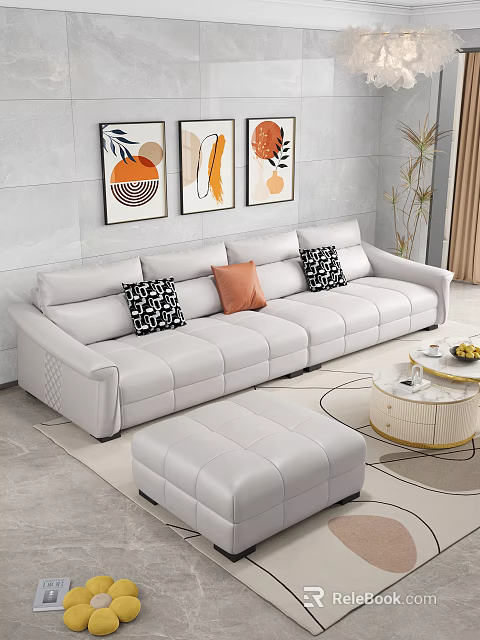 White Leather Large Sectional Sofa With Decorative Pillows Ottoman Coffee Table And Wall Art 3d model 