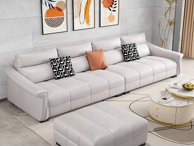 White Leather Large Sectional Sofa With Decorative Pillows Ottoman Coffee Table And Wall Art 3d model