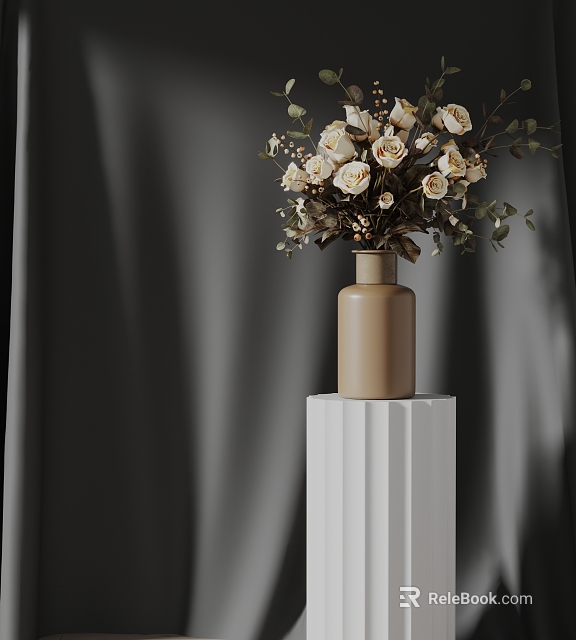 Elegant Beige Vase With Cream White Roses And Greenery On White Pedestal Stand Against Gray Curtain 3d model 