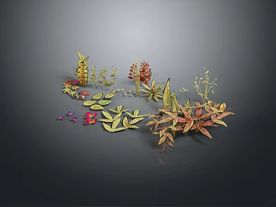 Vibrant Cartoon Scene With Various Colorful Decorative Plants Leaves and Flowers 3d model