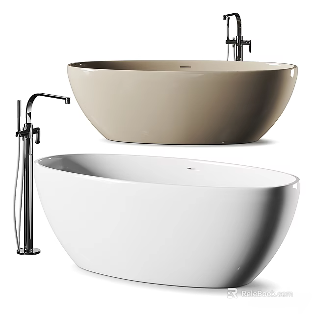 Modern Beige and White Freestanding Bathtubs Featuring Chrome Faucet and Sleek Design 3d model 